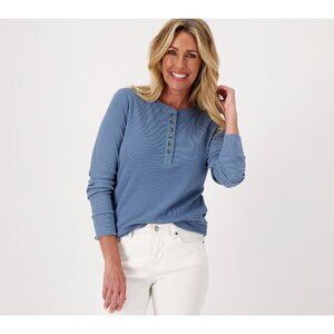 Belle by Kim Gravel Ribbed Knit Long Sleeve Henley Top Steele Blue XL A520292